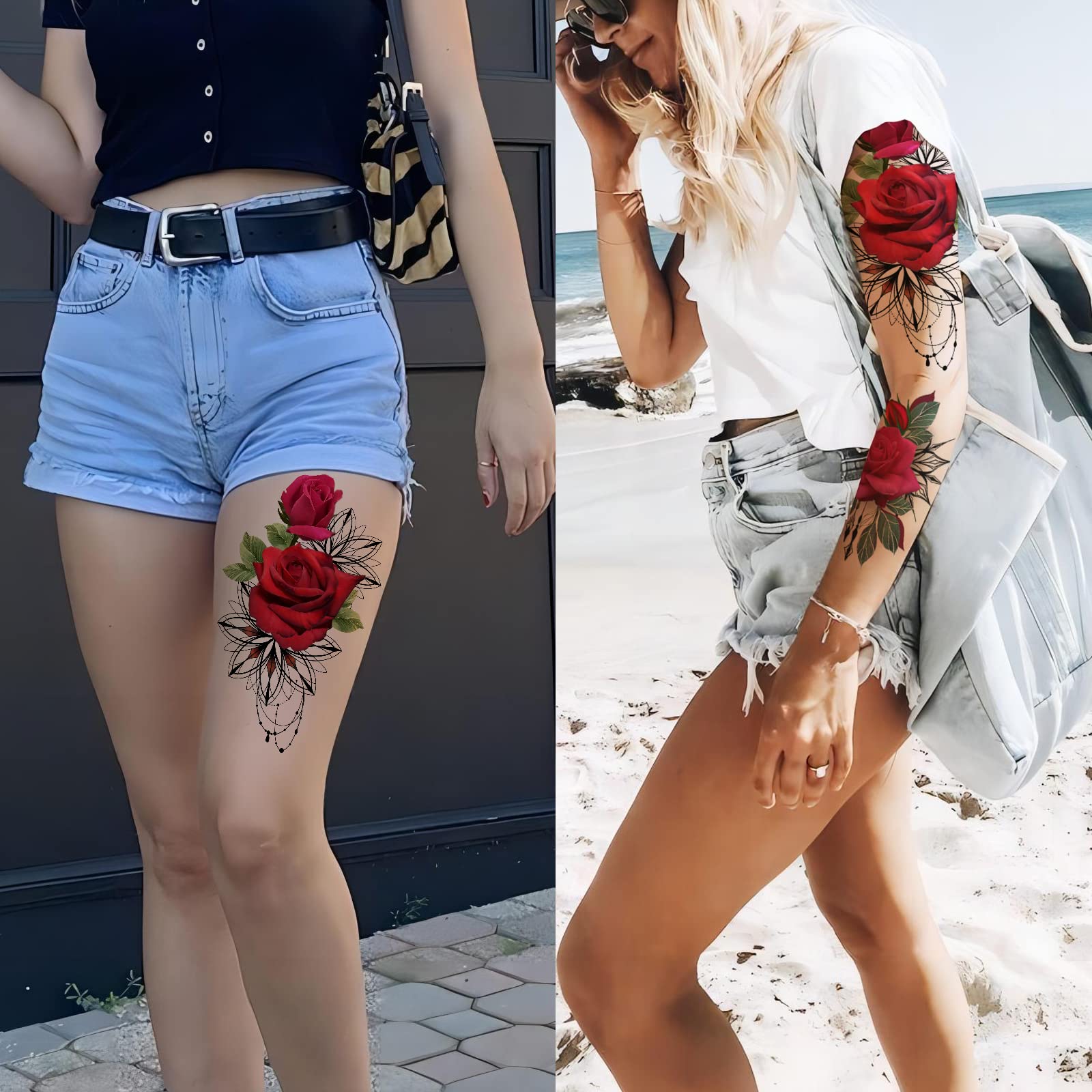 ROARHOWL Stunning rose flower temporary tattoos, large rose fake tattoos for women,rose tattoo set (Rose 1)