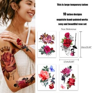 ROARHOWL Stunning rose flower temporary tattoos, large rose fake tattoos for women,rose tattoo set (Rose 1)