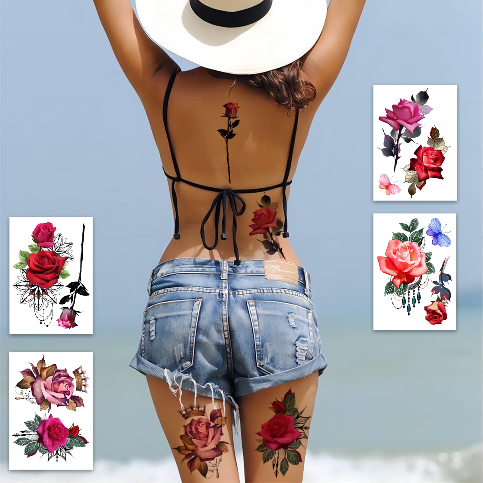 ROARHOWL Stunning rose flower temporary tattoos, large rose fake tattoos for women,rose tattoo set (Rose 1)