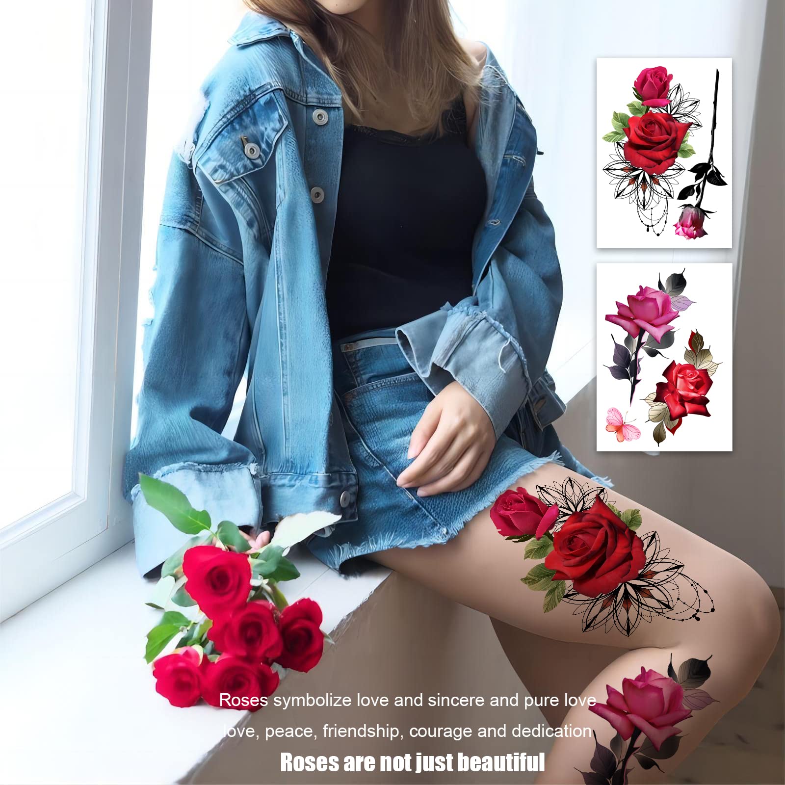 ROARHOWL Stunning rose flower temporary tattoos, large rose fake tattoos for women,rose tattoo set (Rose 1)