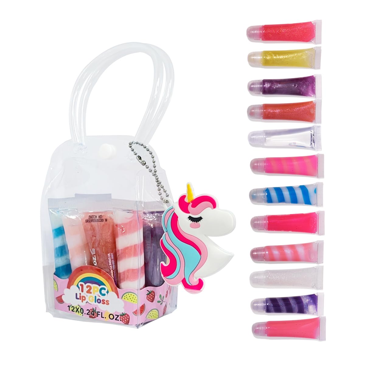 12Pcs Sparkle kids Lip Gloss Set with Unicorn Keychain Carrying Case, Assorted Flavors Moisturizing Shimmer Glossy Lip Party Favor Make-up for Girls and Teens Ages 5+