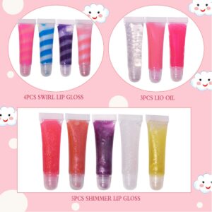 12Pcs Sparkle kids Lip Gloss Set with Unicorn Keychain Carrying Case, Assorted Flavors Moisturizing Shimmer Glossy Lip Party Favor Make-up for Girls and Teens Ages 5+