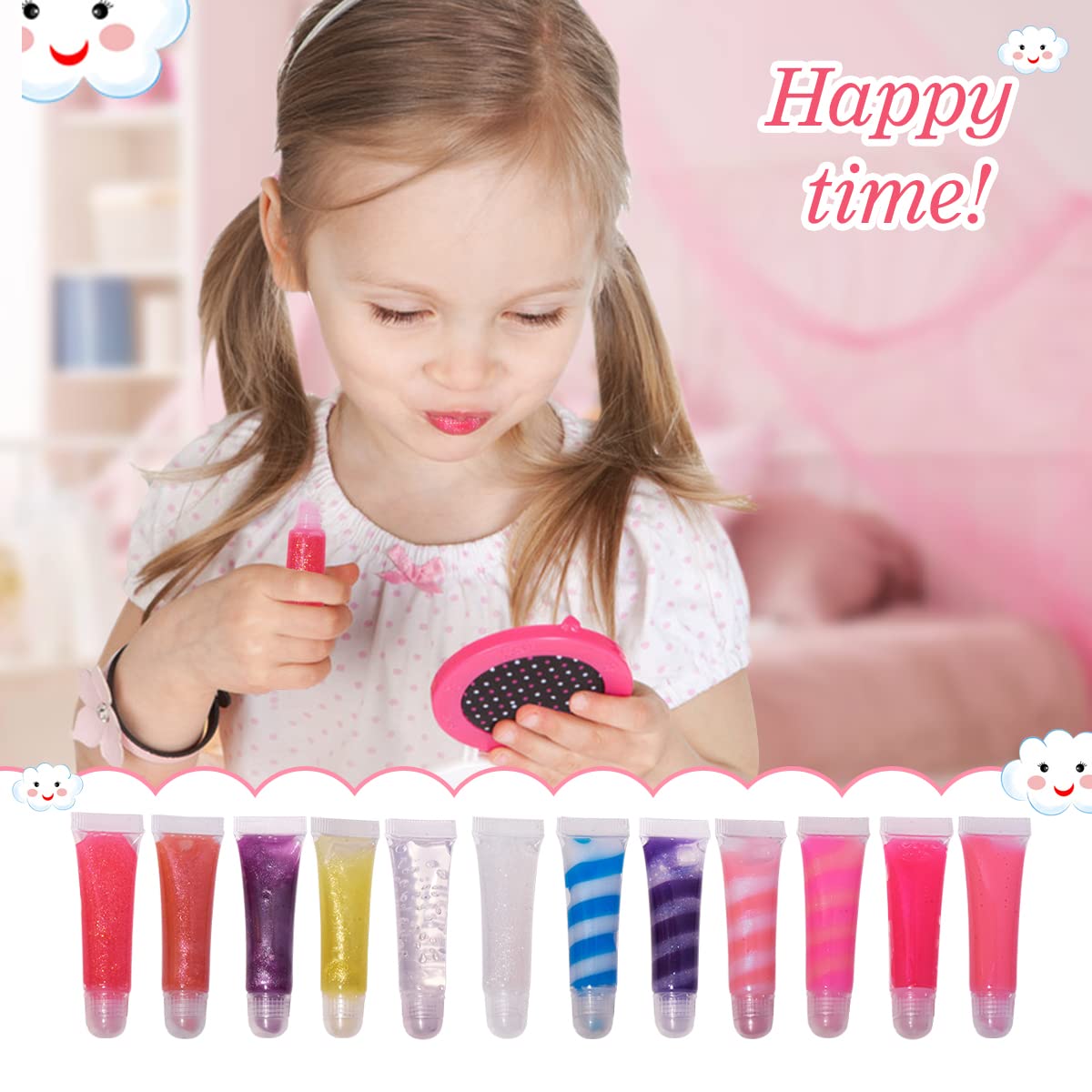 12Pcs Sparkle kids Lip Gloss Set with Unicorn Keychain Carrying Case, Assorted Flavors Moisturizing Shimmer Glossy Lip Party Favor Make-up for Girls and Teens Ages 5+