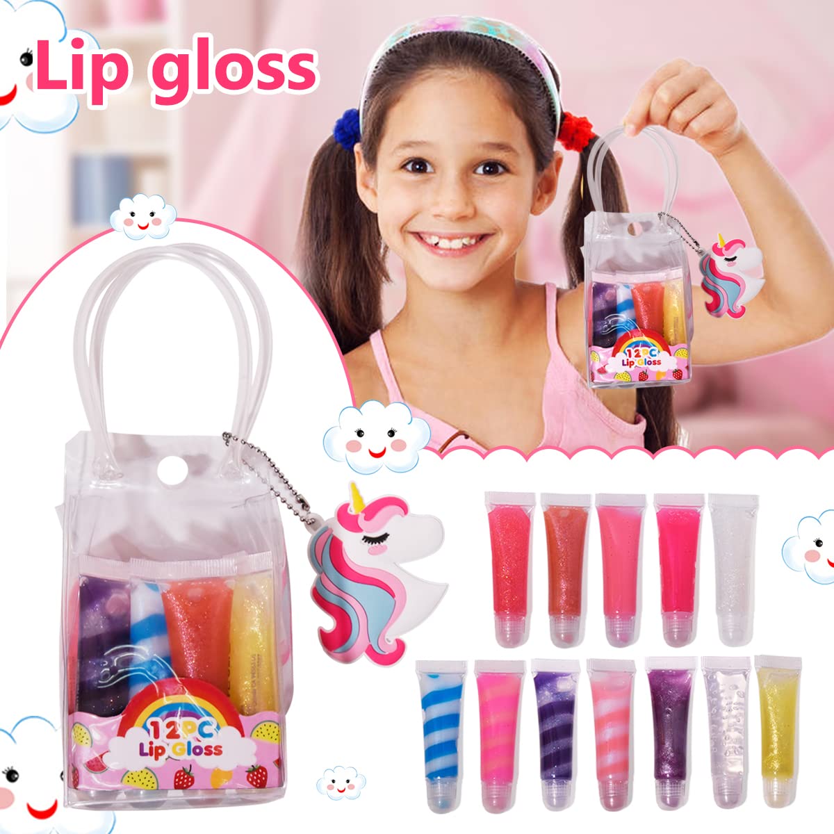 12Pcs Sparkle kids Lip Gloss Set with Unicorn Keychain Carrying Case, Assorted Flavors Moisturizing Shimmer Glossy Lip Party Favor Make-up for Girls and Teens Ages 5+