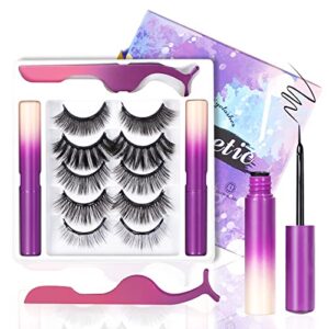 magnetic eyelashes with magnetic eyeliner kit, reusable magnetic lashes, 3d natural look false eyelashes with eyeliner and tweezers, no glue(5 pairs) (gradation color)