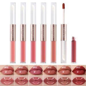 kimieye 6 colors liquid lipstick with clear lip gloss set, long lasting waterproof lip tint stain with shimmer oil for natural lip look, dual-ended design, matte finish, non-sticky, 0.8 fl oz