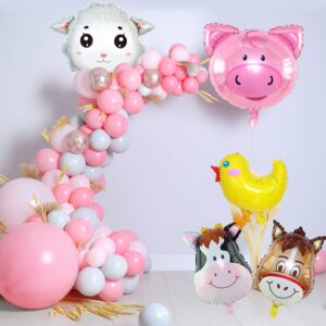 5 PCS Farm Animal Balloons, Farm Birthday Party Decorations Cow Donkey Sheep Pig Chicken Foil Mylar Birthday Balloons for Wedding Baby Shower Farm Party Supplies