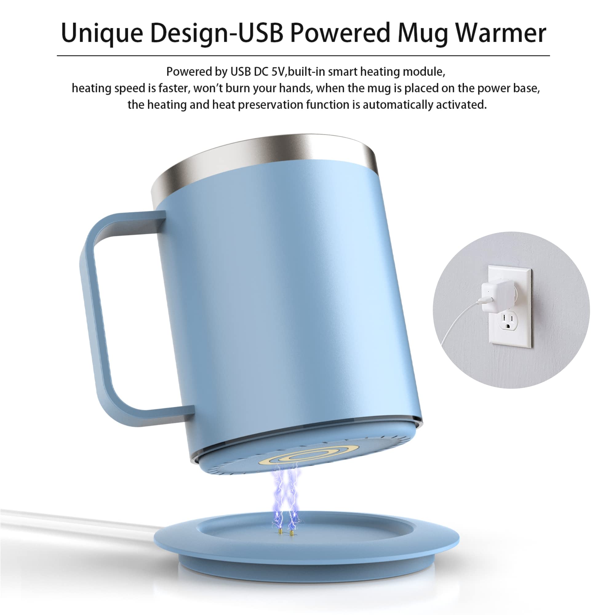 Self Heating Coffee Mug,Heated Cup 12oz,Coffee Warmer with Mug Set,Electric 10W,USB Powered Mug Warmer,131℉ Beverage Cup Warmer for Desk Home & Office (Cerulean)