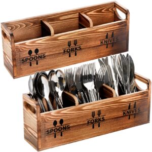 fasmov 2 pack silverware caddy, wooden utensil caddy silverware cutlery holder with 3 compartment, utensil holder for spoons, knives, forks, perfect for farmhouse kitchen decor and countertop
