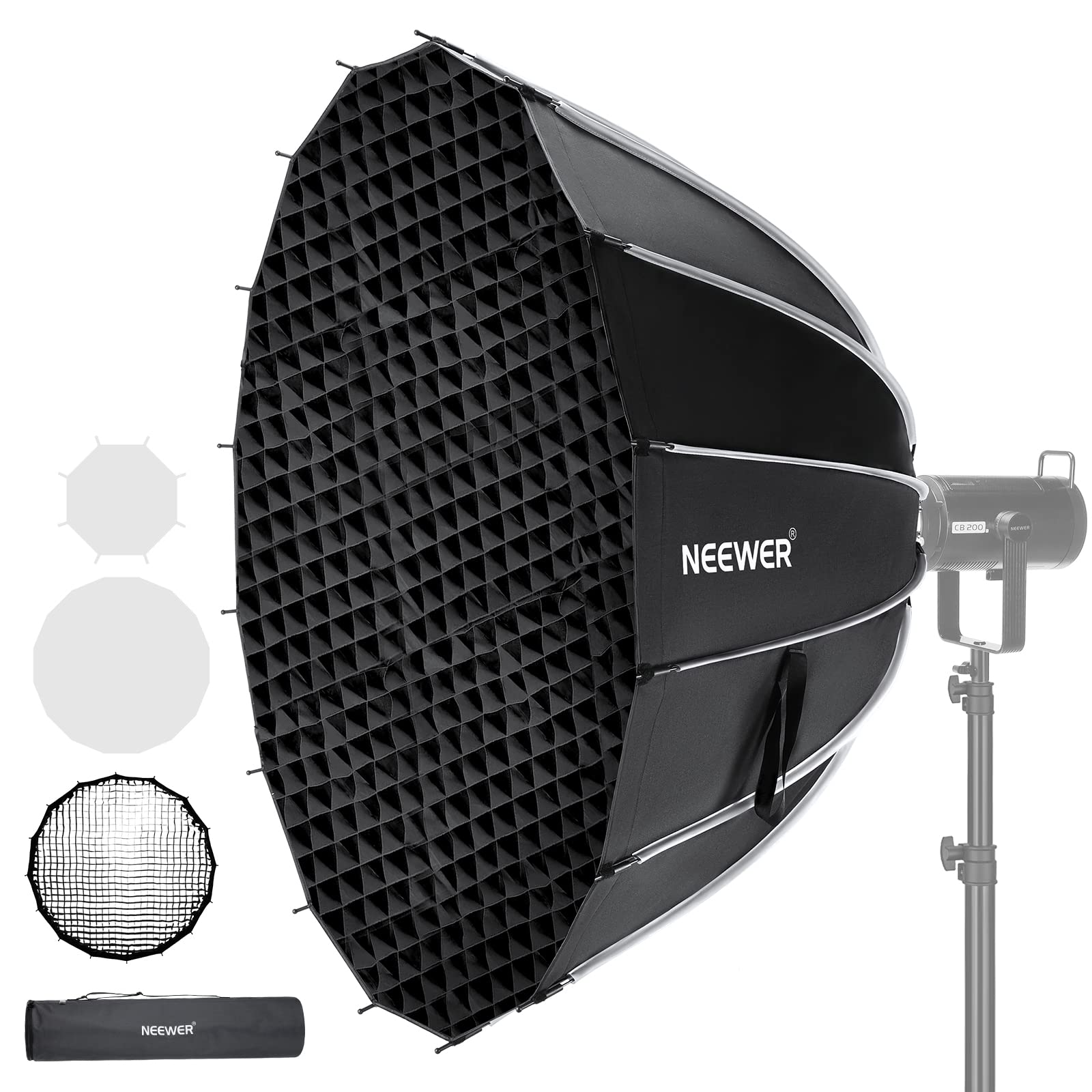 NEEWER 47.2inch/120cm Parabolic Softbox Quick Set up Quick Folding, with Diffusers/Honeycomb Grid/Bag, Compatible with Aputure 120d Light Dome Godox sl60w NEEWER RGB CB60 and Other Bowens Mount Lights