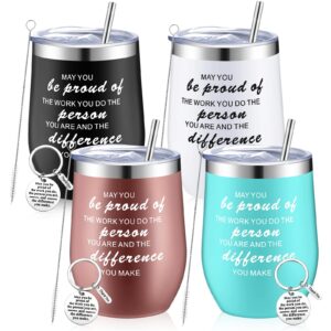 8 pcs employee appreciation gifts bulk 4 stainless steel tumbler with 4 thank you keychain thank you gifts for women men coworker friends motivational inspirational wine tumbler 12 oz, 4 colors