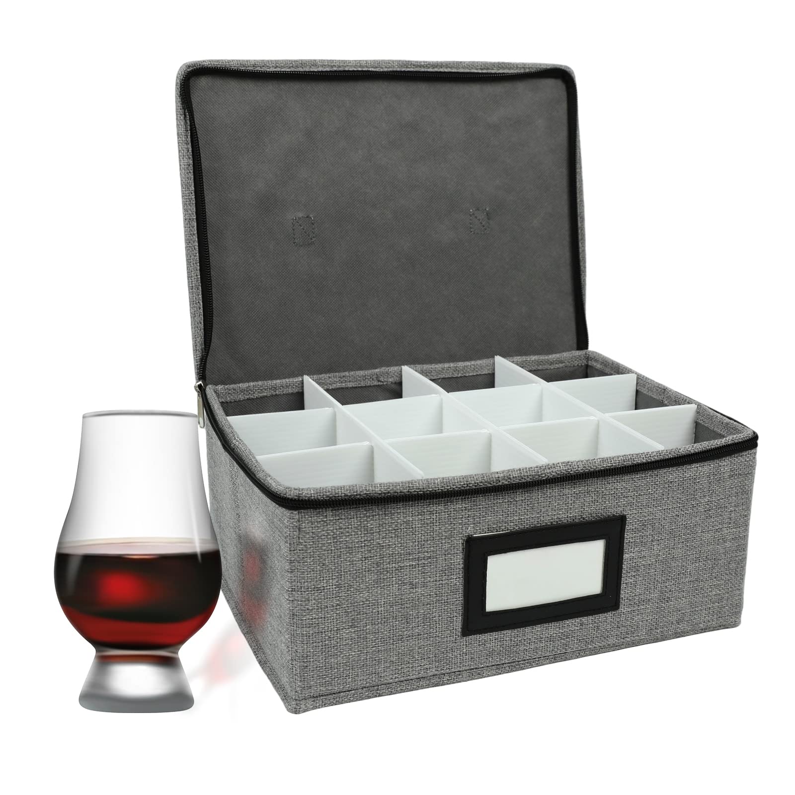 HURZMORO Storage Box for Whisky Glass,12 Whiskey Glasses Holder for Organizer, Fully-Padded Inside with Sturdy Construction, Packing Boxes with Dividers for Moving Whiskey Gift (12 compartments)