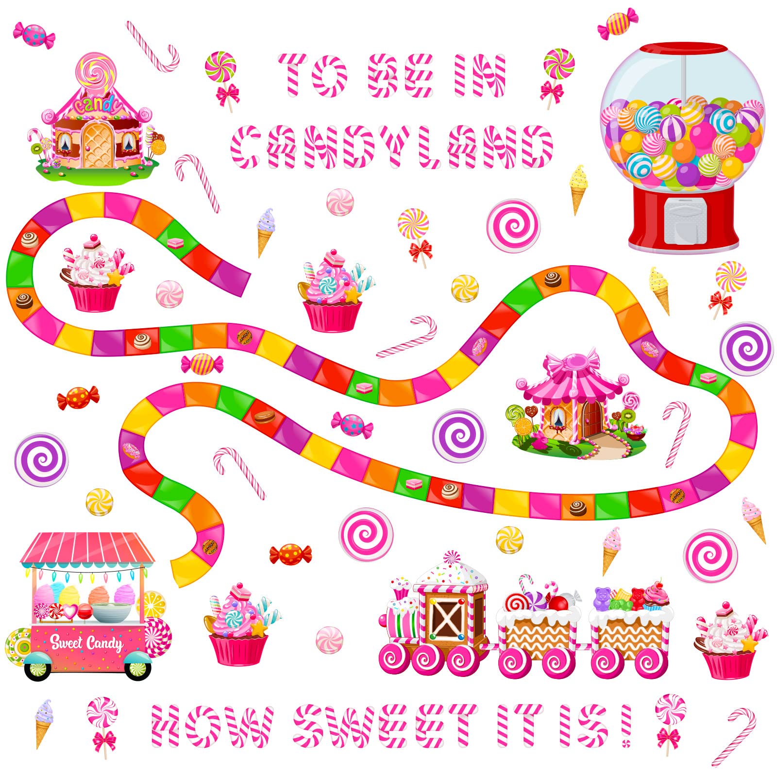 Outus Candyland Ice Cream Bulletin Board Decor Set Classroom Decoration Candy Land Ice Cream Cutout with Glue Points for Candy Birthday Party Classroom School Office Supply Halloween Decor (Candyland)