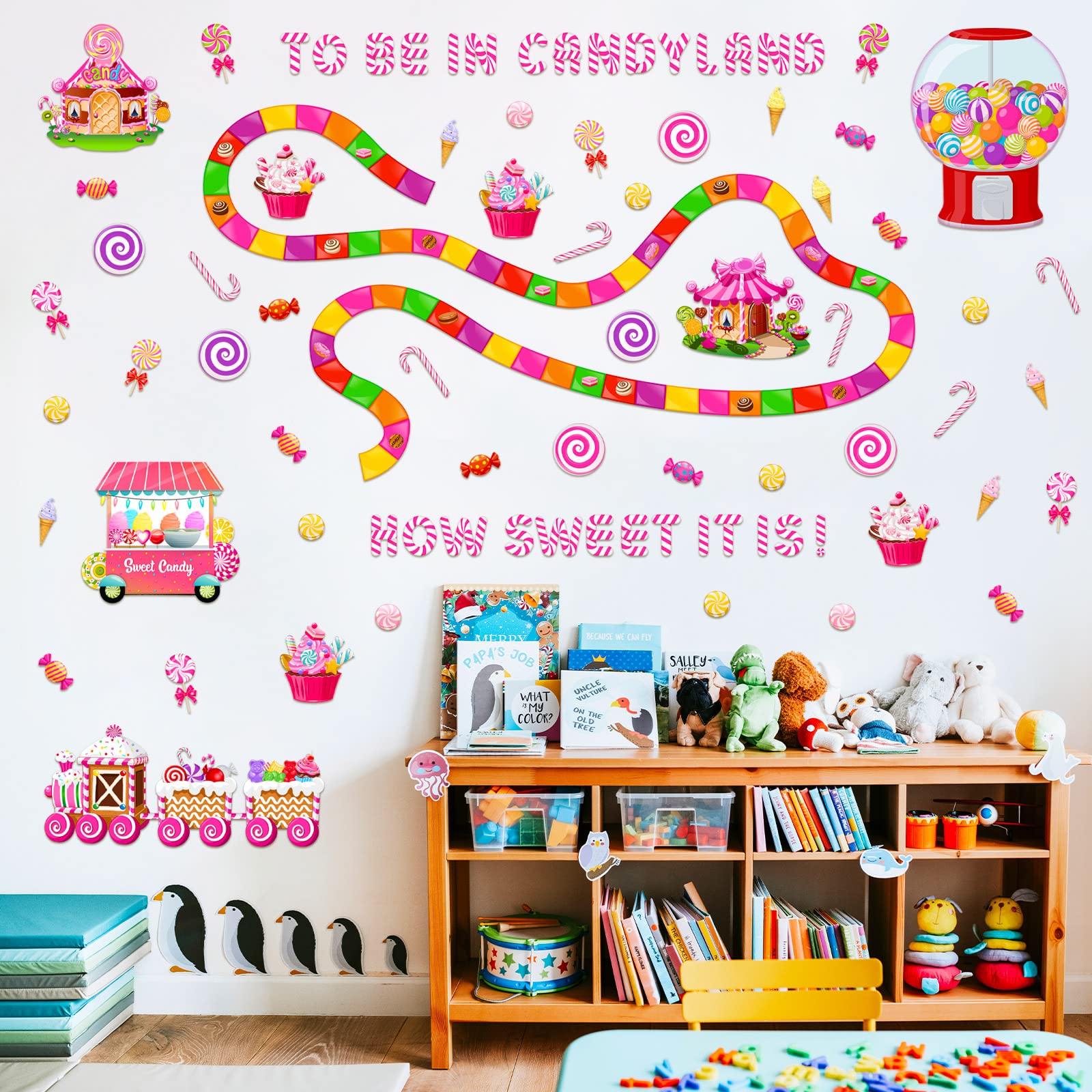 Outus Candyland Ice Cream Bulletin Board Decor Set Classroom Decoration Candy Land Ice Cream Cutout with Glue Points for Candy Birthday Party Classroom School Office Supply Halloween Decor (Candyland)