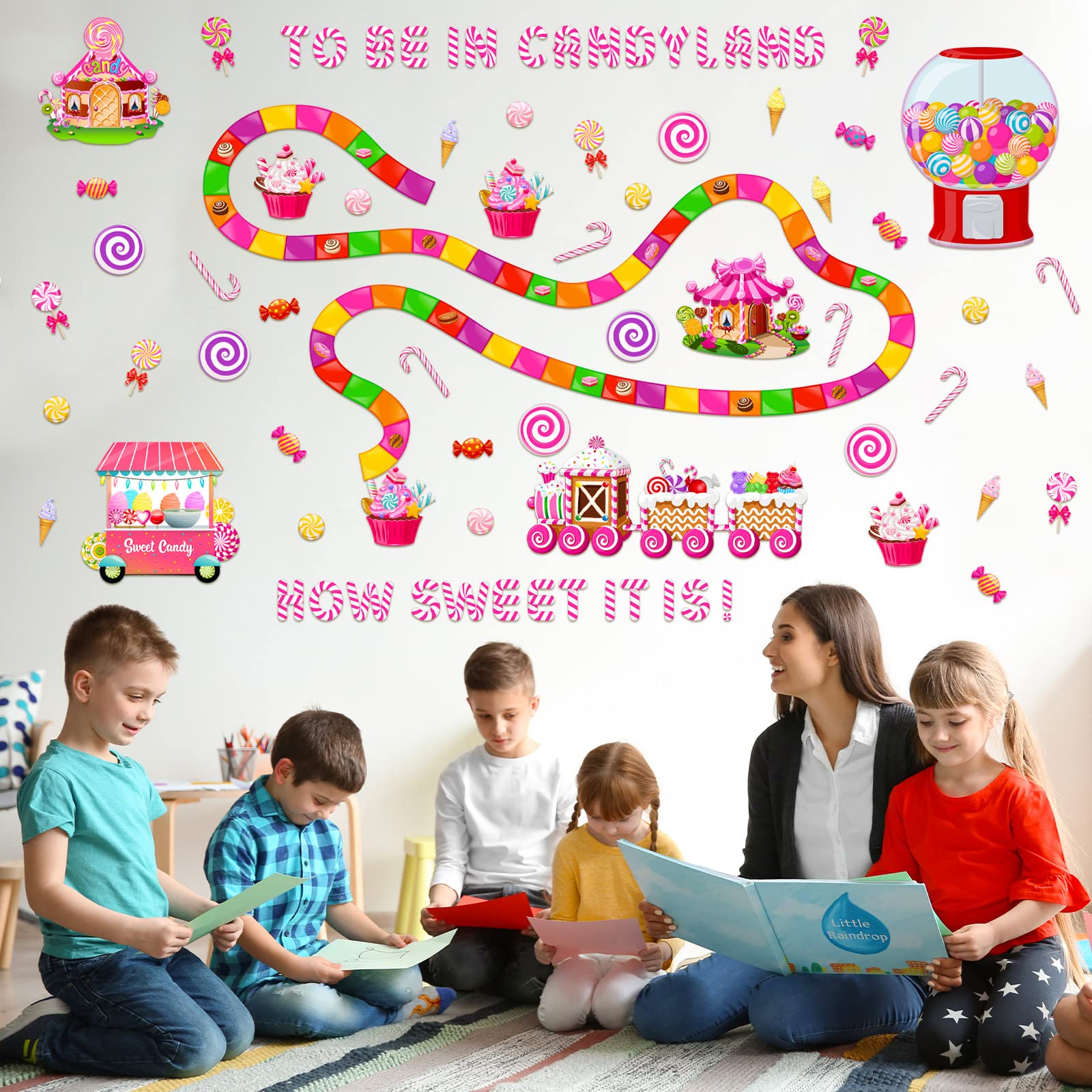 Outus Candyland Ice Cream Bulletin Board Decor Set Classroom Decoration Candy Land Ice Cream Cutout with Glue Points for Candy Birthday Party Classroom School Office Supply Halloween Decor (Candyland)