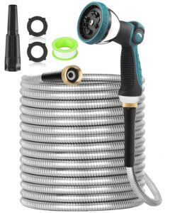 stainless steel garden hose, 50ft heavy duty metal water hose with 10-mode water gun & 6 pattern spray nozzle, flexible, leak proof, no kink, puncture resistant for yard, outdoors, rv