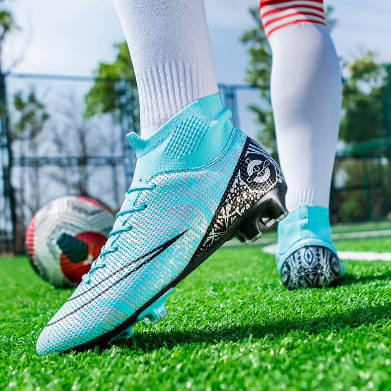 DHOVOR Mens Womens Soccer Cleats Teenagers High-Top Football Cleats Non Slip Athletics Football Trainers Indoor/Outdoor Cyan