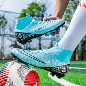 DHOVOR Mens Womens Soccer Cleats Teenagers High-Top Football Cleats Non Slip Athletics Football Trainers Indoor/Outdoor Cyan