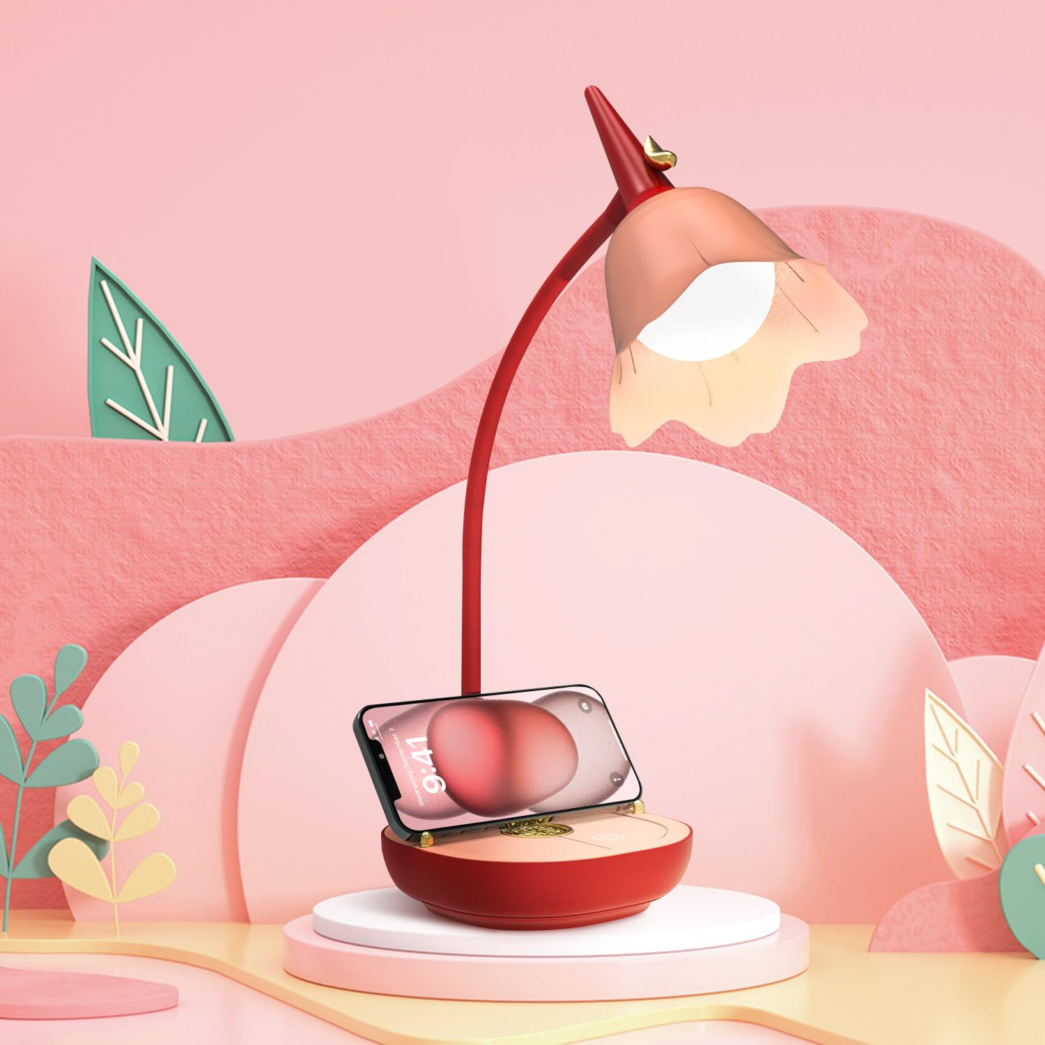 tekstap Desk Lamp Cute, Pink Lamp with Gooseneck, 2000mAh 3 Modes Dimmable Flower Desk Lamp, Rechargeable Eye-Caring LED Aesthetic Desk Lamp for Kids, Bedroom, Reading, Gift