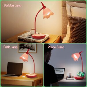 tekstap Desk Lamp Cute, Pink Lamp with Gooseneck, 2000mAh 3 Modes Dimmable Flower Desk Lamp, Rechargeable Eye-Caring LED Aesthetic Desk Lamp for Kids, Bedroom, Reading, Gift