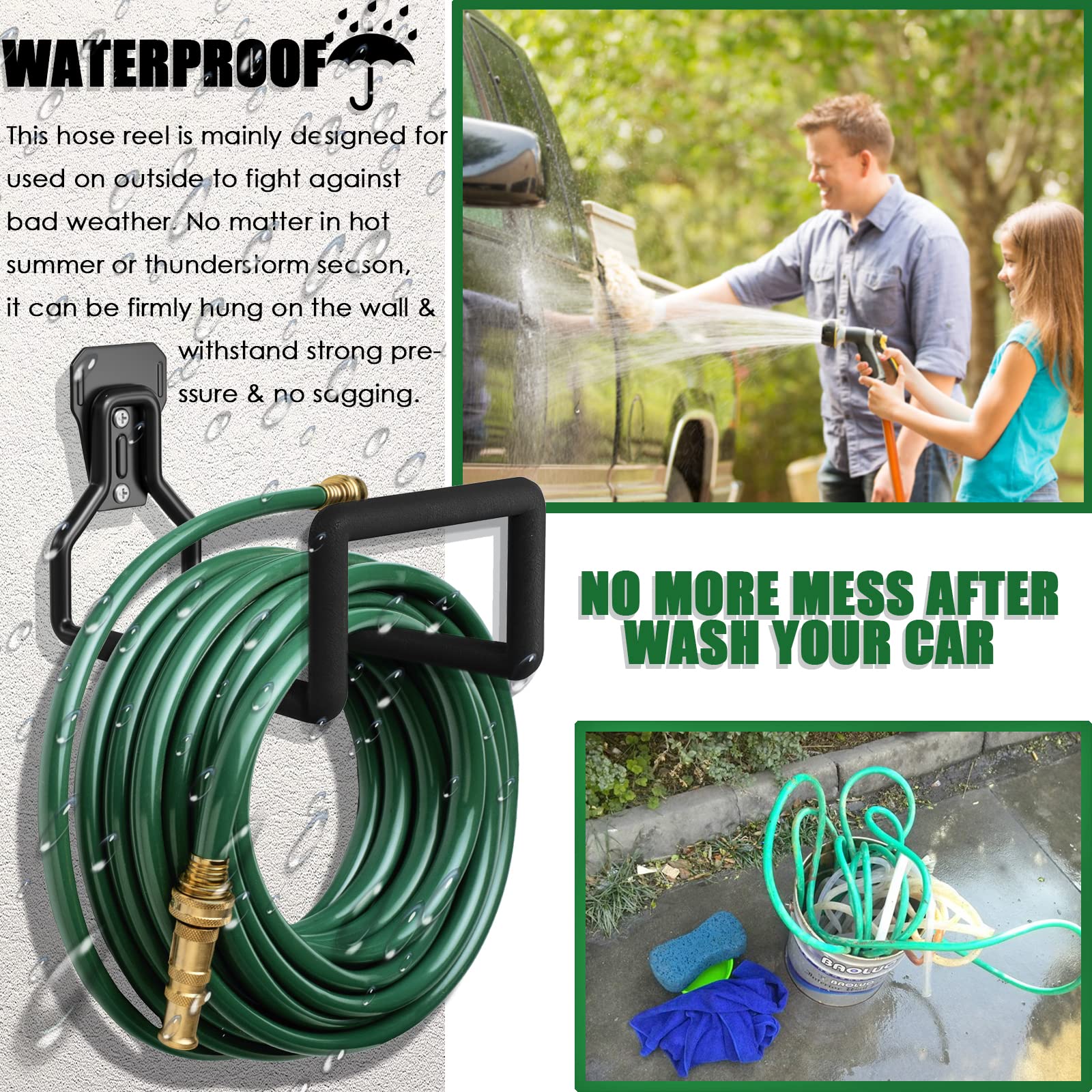 SMARYONG Hose Holder Wall Mount - Metal Garden Hose Holder - Heavy Duty Water Hose Holder - Hose Reel Holds Up to 150Ft- Durable Hooks for Garage Outside