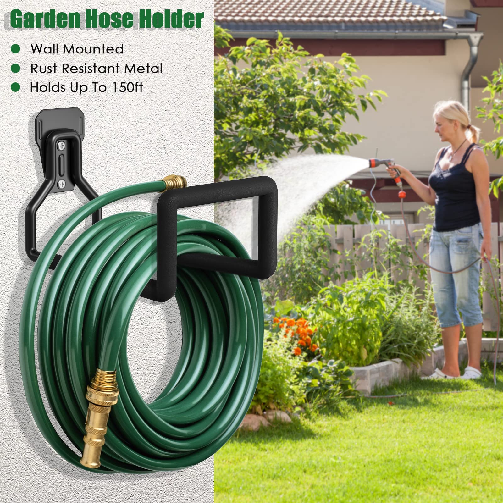 SMARYONG Hose Holder Wall Mount - Metal Garden Hose Holder - Heavy Duty Water Hose Holder - Hose Reel Holds Up to 150Ft- Durable Hooks for Garage Outside