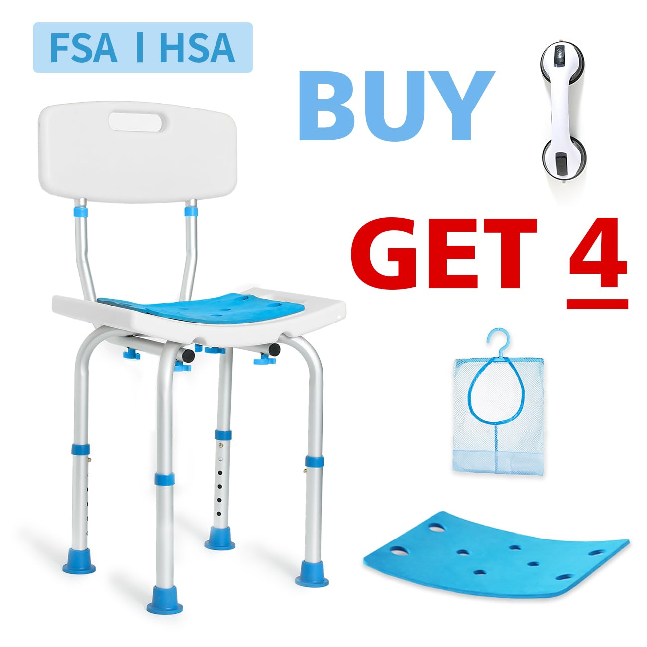 Adjustable Shower Chair with Back, HSA/FSA Eligible Shower Stool for Inside Shower, Tool-Free Shower Seat for Inside Shower, Waterproof Shower Chair for Inside Bathtub for Elderly/Handicap by SOUHEILO