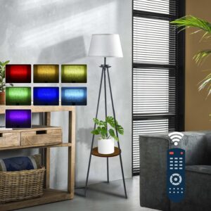 elinkume modern floor lamp with shelves, dimmable tripod floor lamp with e26 rgb bulb, remote & wifi app control, perfect for reading and storage need in living room, bedroom, and office