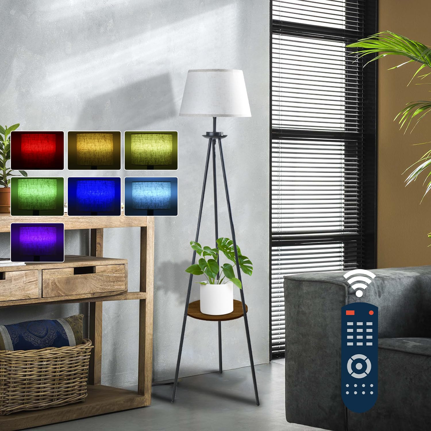 ELINKUME Modern Floor Lamp with Shelves, Dimmable Tripod Floor Lamp with E26 RGB Bulb, Remote & WiFi APP Control, Perfect for Reading and Storage Need in Living Room, Bedroom, and Office