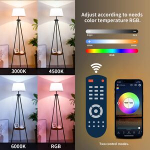 ELINKUME Modern Floor Lamp with Shelves, Dimmable Tripod Floor Lamp with E26 RGB Bulb, Remote & WiFi APP Control, Perfect for Reading and Storage Need in Living Room, Bedroom, and Office