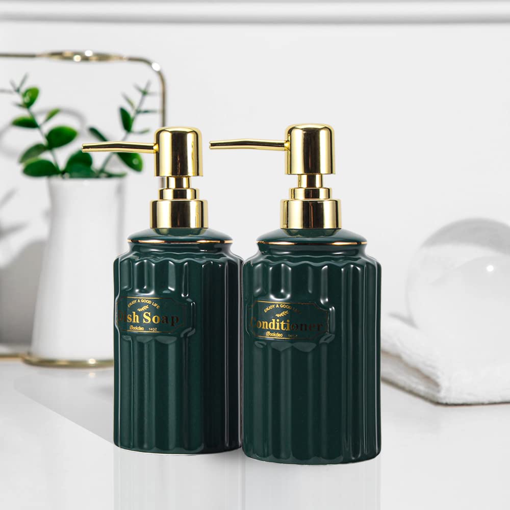 SOOKDEO Soap Dispensers, 14oz Ceramic Bottles with Gold Pumps & Waterproof Labels for Shampoo, Hand Soap, Dish Soap, Lotion, Body Wash - Ideal for Bathroom, Kitchen, Living Room, Set of 2 (Green)