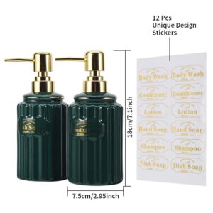 SOOKDEO Soap Dispensers, 14oz Ceramic Bottles with Gold Pumps & Waterproof Labels for Shampoo, Hand Soap, Dish Soap, Lotion, Body Wash - Ideal for Bathroom, Kitchen, Living Room, Set of 2 (Green)