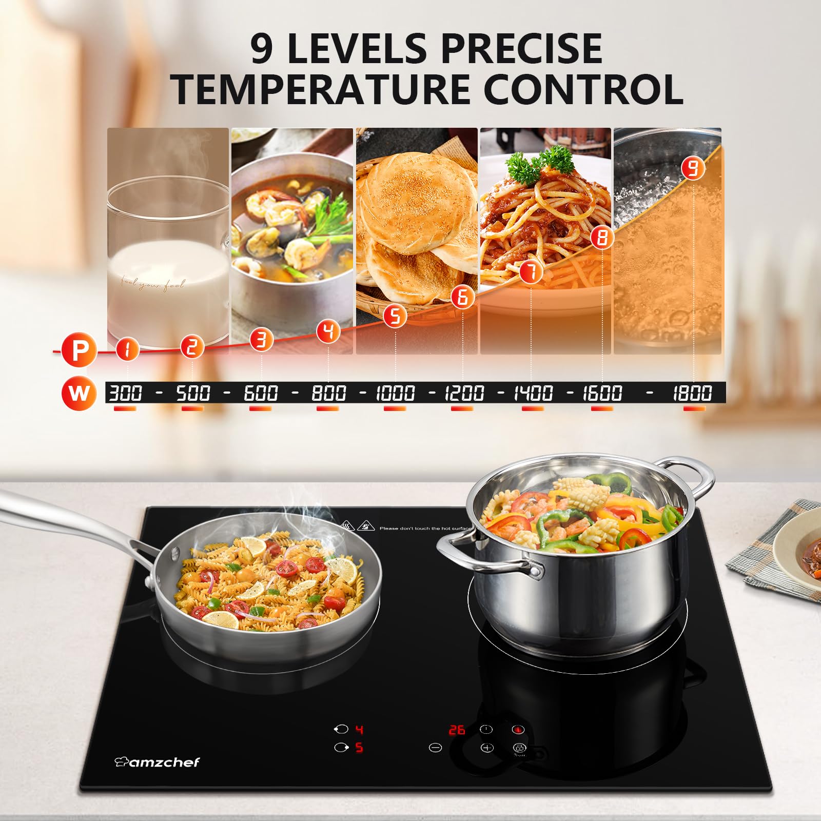 Double Induction Cooktop AMZCHEF Induction Stove Top 2 Burners for RV, Built-in Electric Cooktops With 9 Power Levels, Sensor Touch, 99-min Timer, Safety Lock, Ceramic Glass, 120V, Shared 1800W