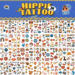 cokohappy groovy 70s hippie temporary tattoos - 36 sheets with 300+ tattos | flower power groovy party supplies, good vibes only favors, smiley, peach love, rainbow arts and crafts daisy party favor