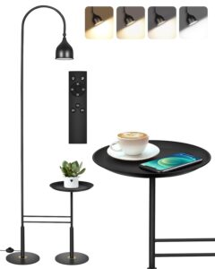 modern floor lamp with shelves -bright dimmable led floor lamp for living room, stepless adjustable 3000k-6000k colors & brightness standing lamp with remote, black reading standing lamp with table