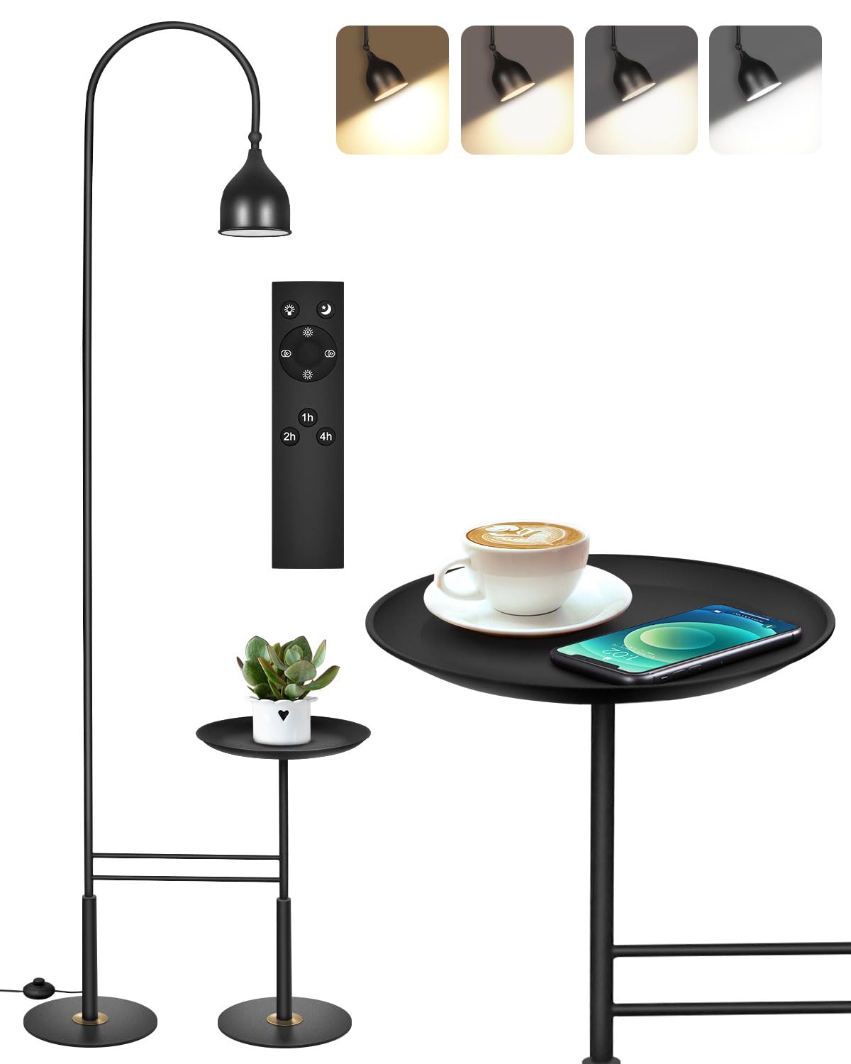 Modern Floor Lamp with Shelves -Bright Dimmable LED Floor Lamp for Living Room, Stepless Adjustable 3000K-6000K Colors & Brightness Standing Lamp with Remote, Black Reading Standing Lamp with Table