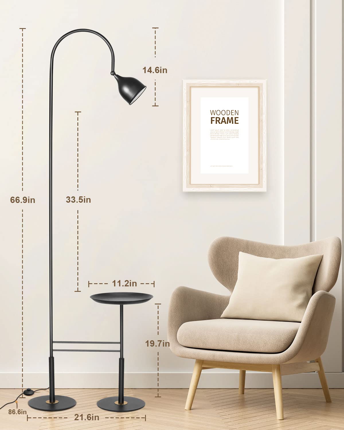 Modern Floor Lamp with Shelves -Bright Dimmable LED Floor Lamp for Living Room, Stepless Adjustable 3000K-6000K Colors & Brightness Standing Lamp with Remote, Black Reading Standing Lamp with Table