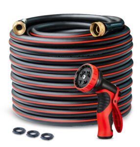 palint hybrid garden hose 100 ft x 5/8", heavy duty flexible lightweight no kink water hose 100ft with 10 function sprayer nozzle, 3/4'' solid brass fittings, ultra durable, all-weather, burst 600 psi