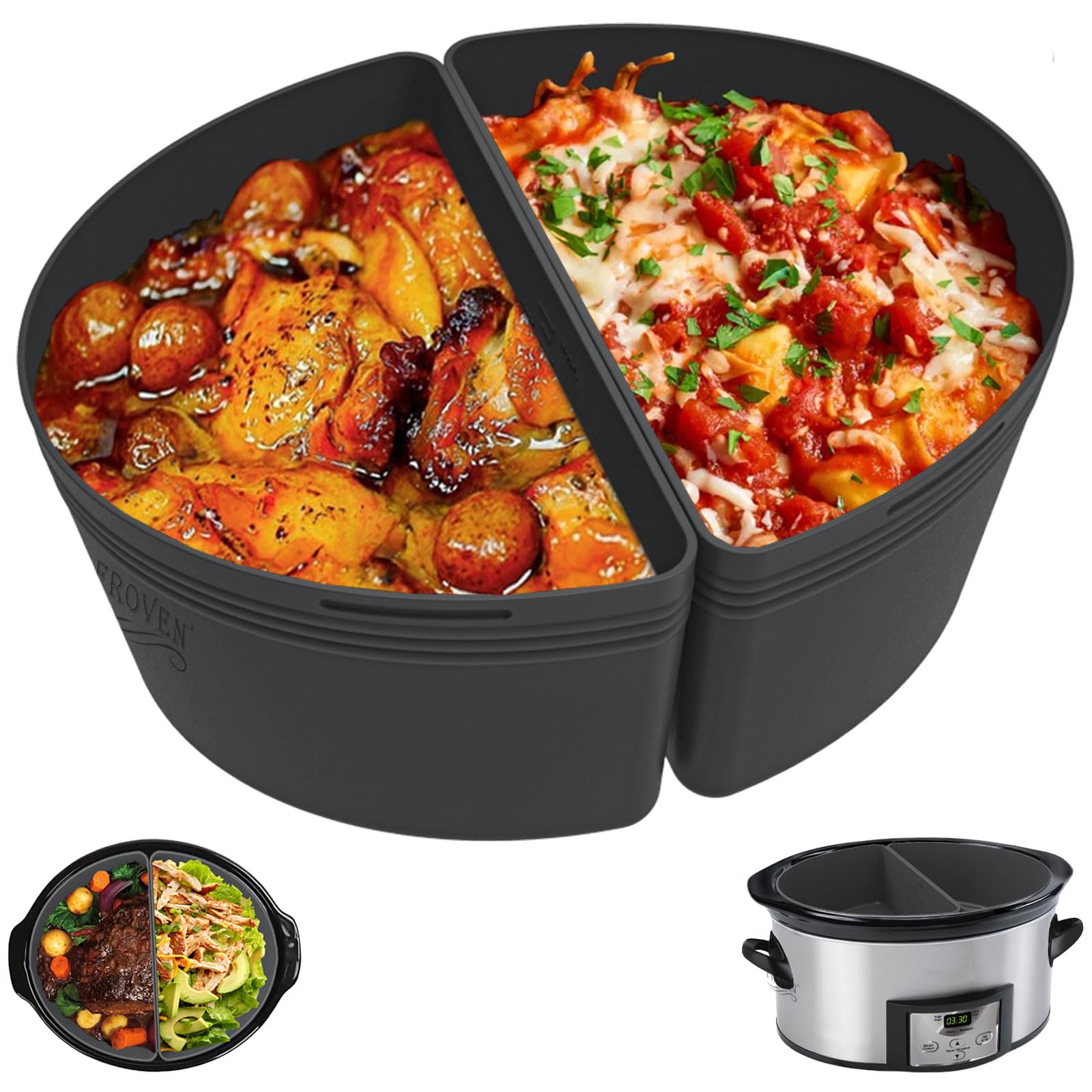 6 Quart Silicone Slow Cooker Divider Liners Oval. Thickened, Weighted & Sturdy Reusable Crockpot Inserts Compatible With Most 6 Qt Crock Pot Slow Cookers Accessories. Leakproof, Dishwasher Safe