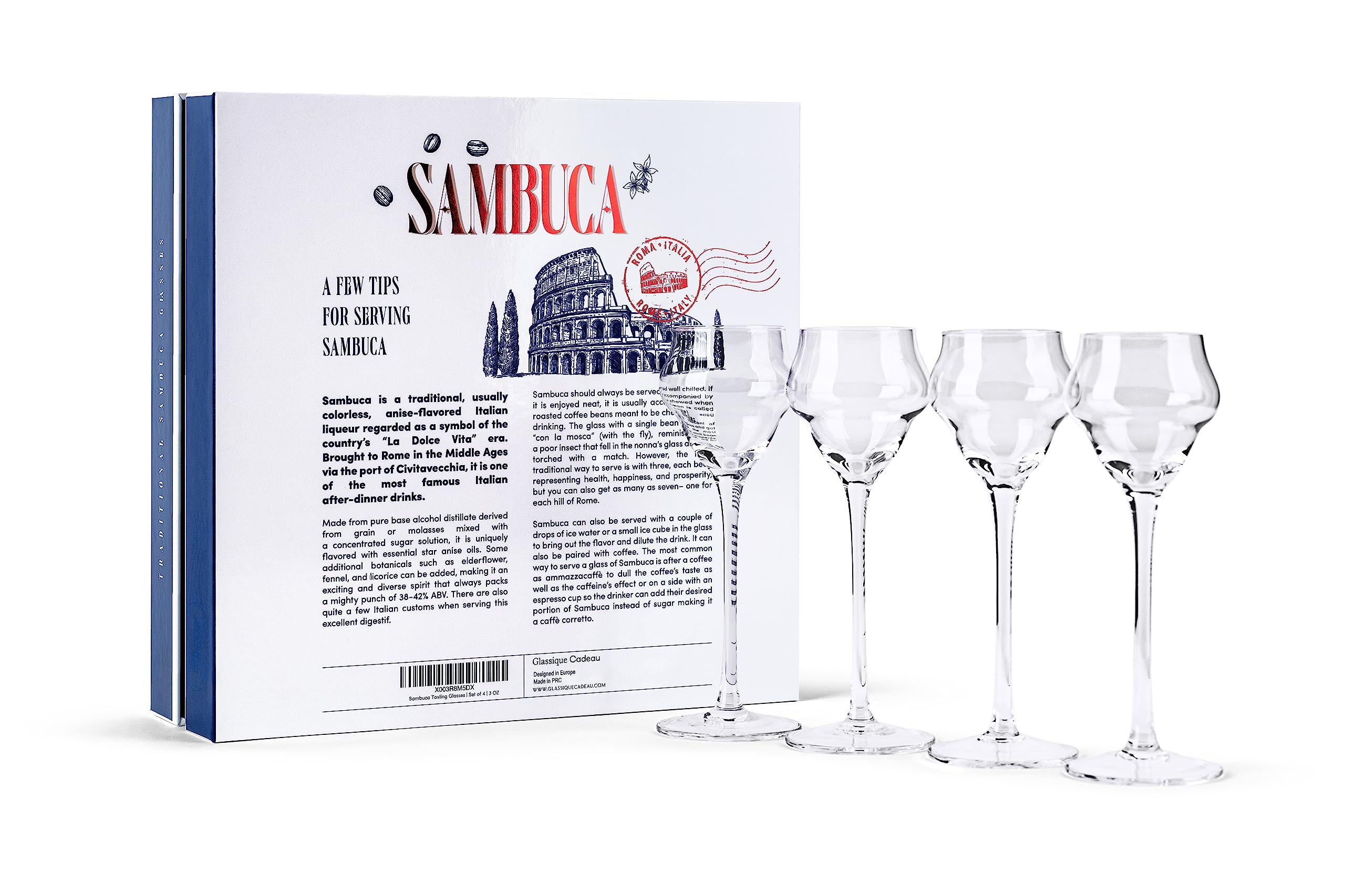 GLASSIQUE CADEAU Crystal Sambuca, Cordial, Digestive Glasses with Long Stem for Sipping After Dinner Drinks | Set of 4 | 3 oz Tall Stemmed Liquor Glassware