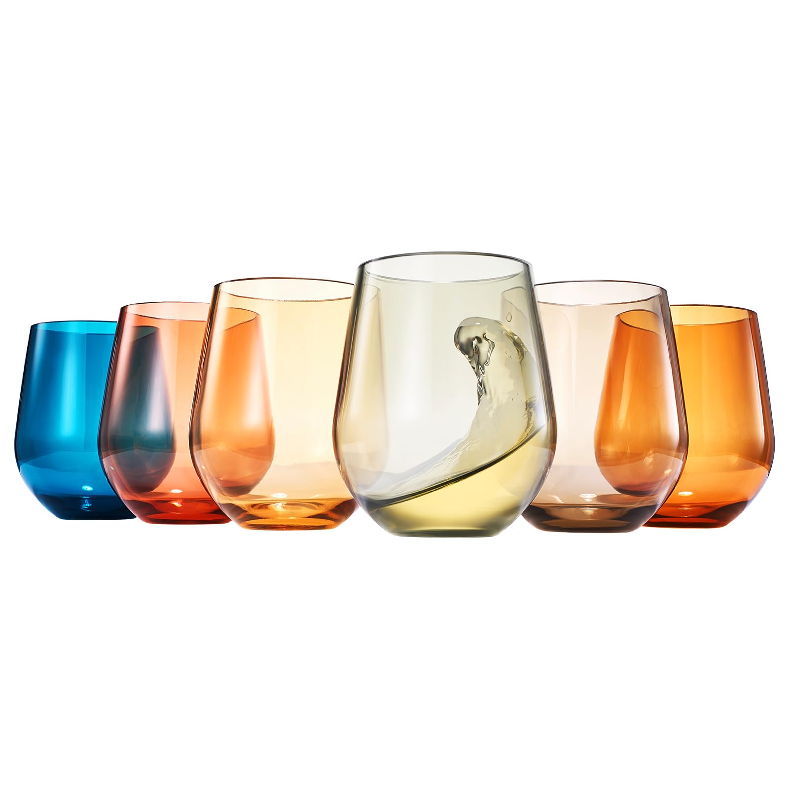 European Style Shatterproof Tritan Stemless Wine Glasses, Acrylic Glass Drinkware, Unbreakable Colored, 6 - Set - BPA-free plastic, Reusable, Dishwasher Safe, All Purpose Glassware 15oz - (Muted)