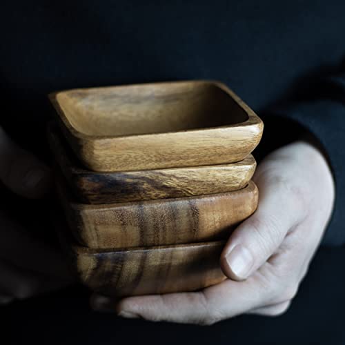 cintika Set of 4 Square Wooden Bowls. 4 inch Handmade Calabash Bowl, Small Wooden Bowl Set, Nuts and Small Snacks Serving Bowls, Sauce Bowl, Dipping Bowl 4x1