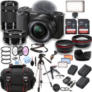 sony zv-e10 mirrorless camera with16-50mm & 55-210mm zoom lenses + 2pcs 64gb memory + led video light + case+ tripod + steady grip pod + filters + macro + 2x lens + 2x batteries + more (40pc bundle)