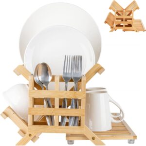 joey'z bamboo dish rack, collapsible dish drying rack for kitchen counter 3 tier kitchen drying rack (dishrack with utensil holder)