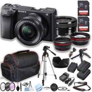 sony a6400 mirrorless camera with16-50mm zoom lens + 2pcs 64gb memory + case+ tripod + steady grip pod + filters + macro + 2x lens + 2x batteries + more (32pc bundle)