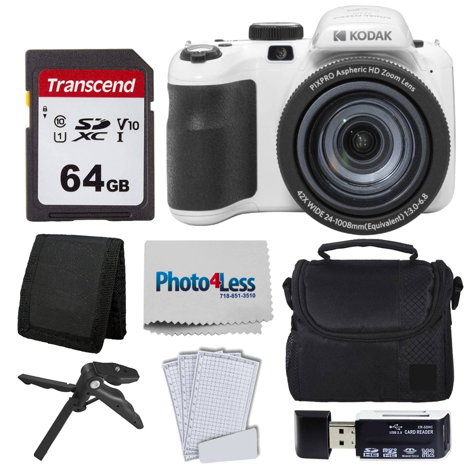 Kodak PIXPRO AZ425 Digital Camera + 64GB Memory Card + Camera Case (Black) + USB Card Reader + Table Tripod + Accessories (White)