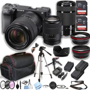 sony a6400 mirrorless camera with18-135mm & 55-210mm zoom lenses + 2pcs 64gb memory + case+ tripod + steady grip pod + filters + macro + 2x lens + 2x batteries + more (38pc bundle)