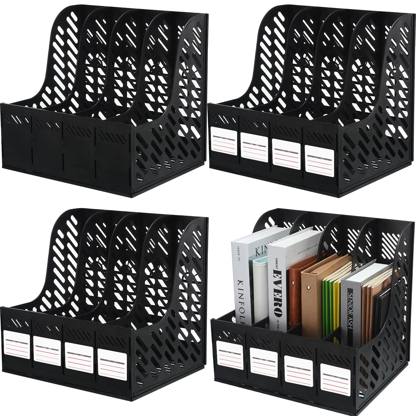 Glenmal 4 Pack Magazine Holder Plastic Magazine File Holder 4 Compartment Binder Holder Magazine Organizer Office Organization and Storage with 4 Vertical Compartments (Stylish,13.39 x 10.24 In)