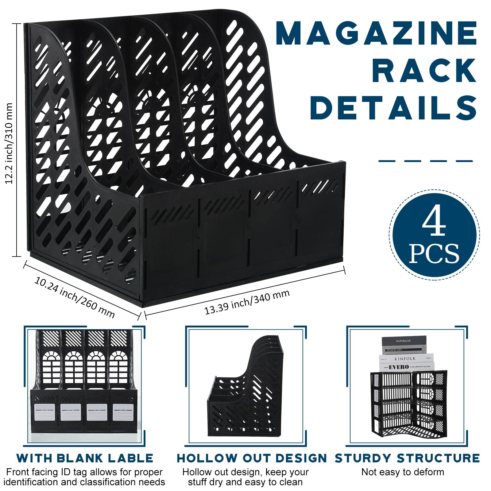 Glenmal 4 Pack Magazine Holder Plastic Magazine File Holder 4 Compartment Binder Holder Magazine Organizer Office Organization and Storage with 4 Vertical Compartments (Stylish,13.39 x 10.24 In)