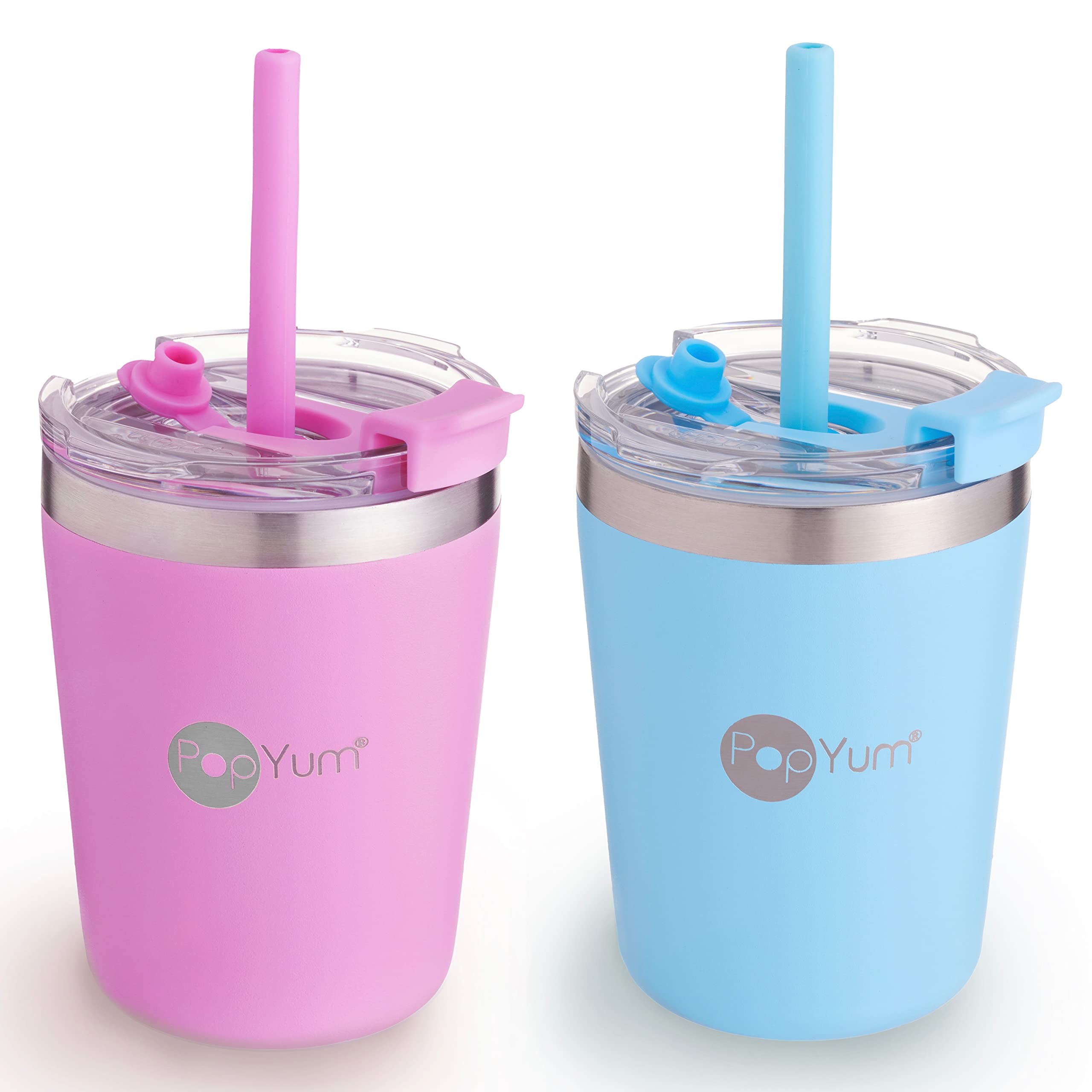 PopYum 9oz Insulated Stainless Steel Kids’ Cups with Lid and Straw, 2-Pack, Blue, Pink, stackable, sippy, baby, child, toddler, tumbler, double wall, vacuum, leak proof